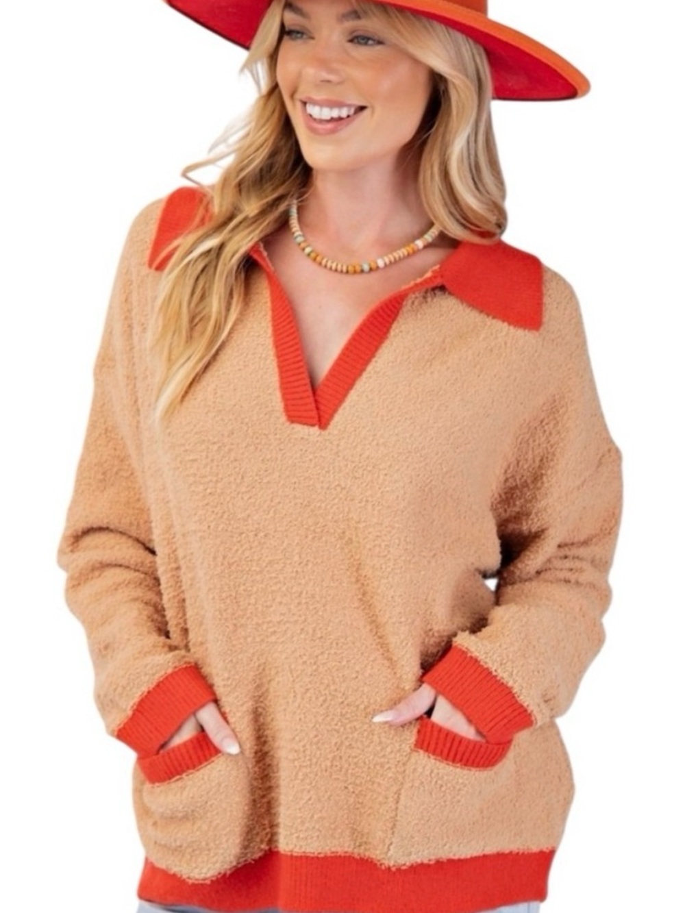 easel Two-Tone V-Neck Pullover Sweater in Camel and Orange